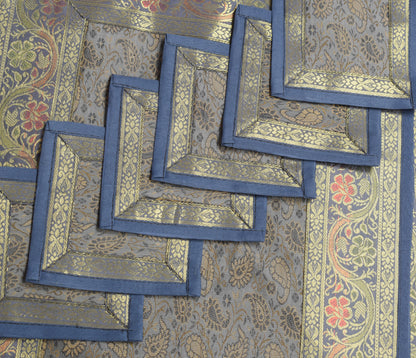 13 PC Gray Table Runner Dining Decor Indian Banarasi Silk Brocade Paisley Cloth
