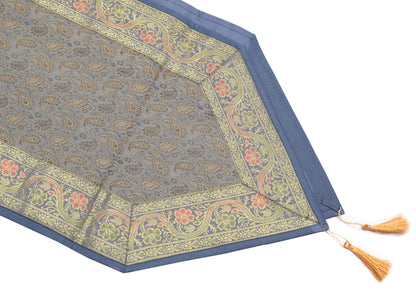 13 PC Gray Table Runner Dining Decor Indian Banarasi Silk Brocade Paisley Cloth