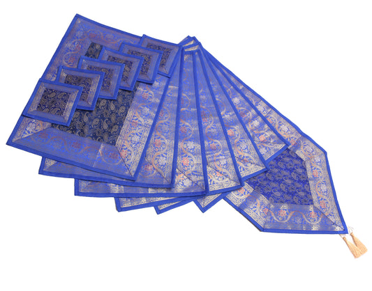 13 PC Blue Dining Table Runner Set Decor Banarasi Silk Brocade Paisley Gift