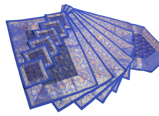 13 PC Blue Dining Table Runner Set Decor Banarasi Silk Brocade Paisley Gift