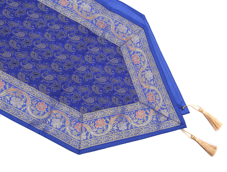 13 PC Blue Dining Table Runner Set Decor Banarasi Silk Brocade Paisley Gift