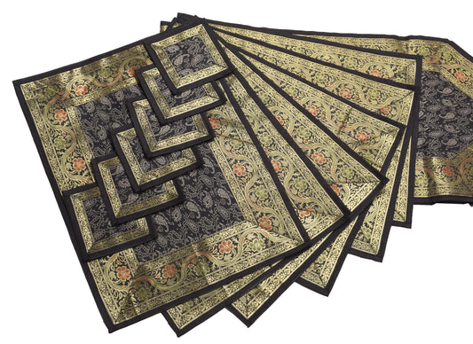 13 PC Black Dining Table Runner Set Decor Banarasi Silk Brocade Paisley Gift