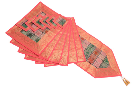 13 PC Dining Table Runner Mat Set Decor Banarasi Silk Brocade Paisley MultiColor