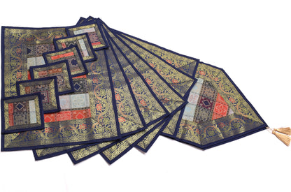 13 PC Black Multi Dining Table Runner Set Decor Banarasi Silk Brocade Paisley