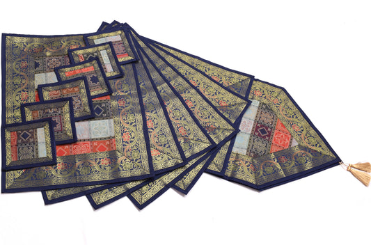 13 PC Black Multi Dining Table Runner Set Decor Banarasi Silk Brocade Paisley