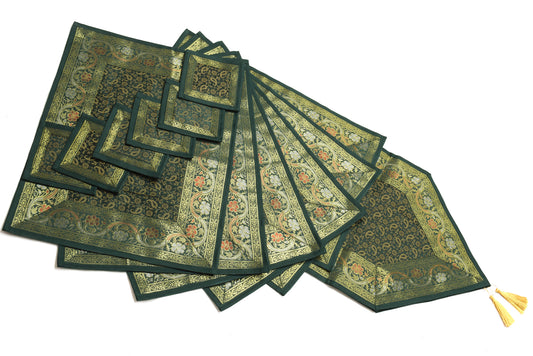 13 PC Green Dining Table Runner Set Decor Banarasi Silk Brocade Paisley Gift