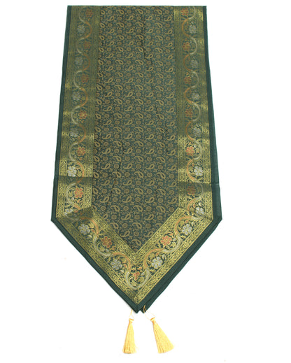 13 PC Green Dining Table Runner Set Decor Banarasi Silk Brocade Paisley Gift