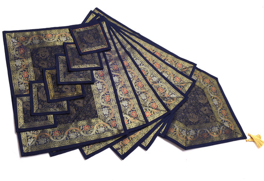 13 PC Navy Blue Dining Table Runner Set Decor Banarasi Silk Brocade Paisley Gift