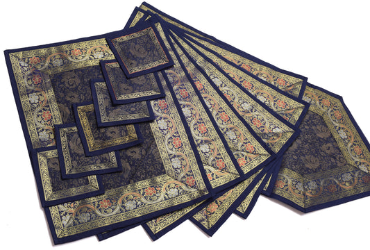 13 PC Navy Blue Dining Table Runner Set Decor Banarasi Silk Brocade Paisley Gift