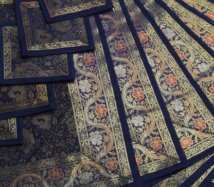 13 PC Navy Blue Dining Table Runner Set Decor Banarasi Silk Brocade Paisley Gift