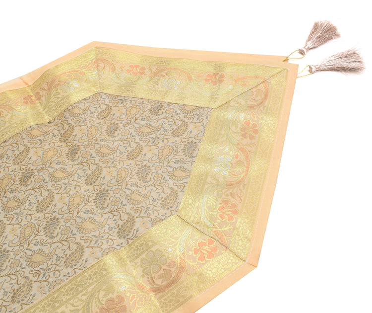 13 PC Cream Dining Table Runner Set Decor Banarasi Silk Brocade Paisley Gift