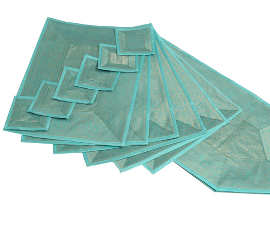 13 PC Aqua Blue Dining Table Runner Set Decor Banarasi Silk Brocade Paisley Gift