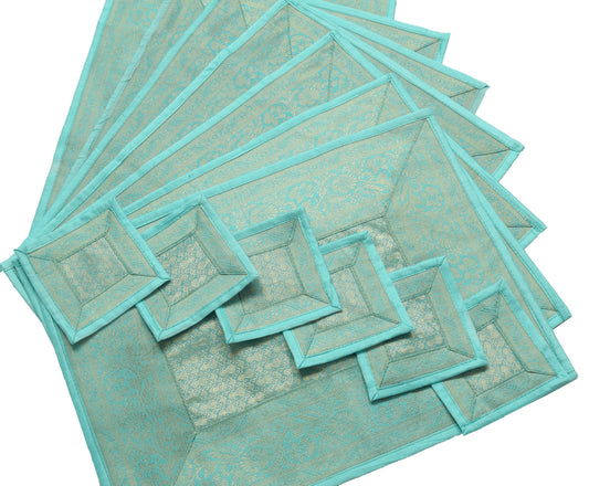 13 PC Aqua Blue Dining Table Runner Set Decor Banarasi Silk Brocade Paisley Gift