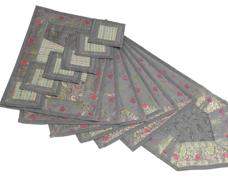 13 PC Gray Dining Table Runner Set Decor Banarasi Silk Brocade Paisley Gift