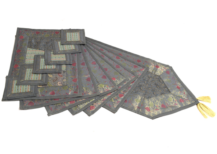 13 PC Gray Dining Table Runner Set Decor Banarasi Silk Brocade Paisley Gift