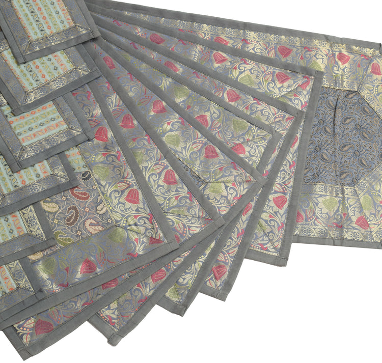 13 PC Gray Dining Table Runner Set Decor Banarasi Silk Brocade Paisley Gift