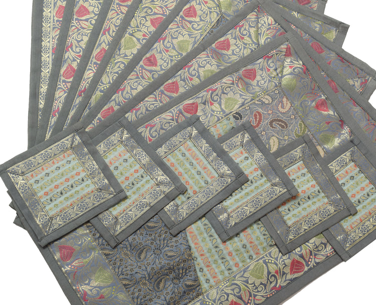 13 PC Gray Dining Table Runner Set Decor Banarasi Silk Brocade Paisley Gift