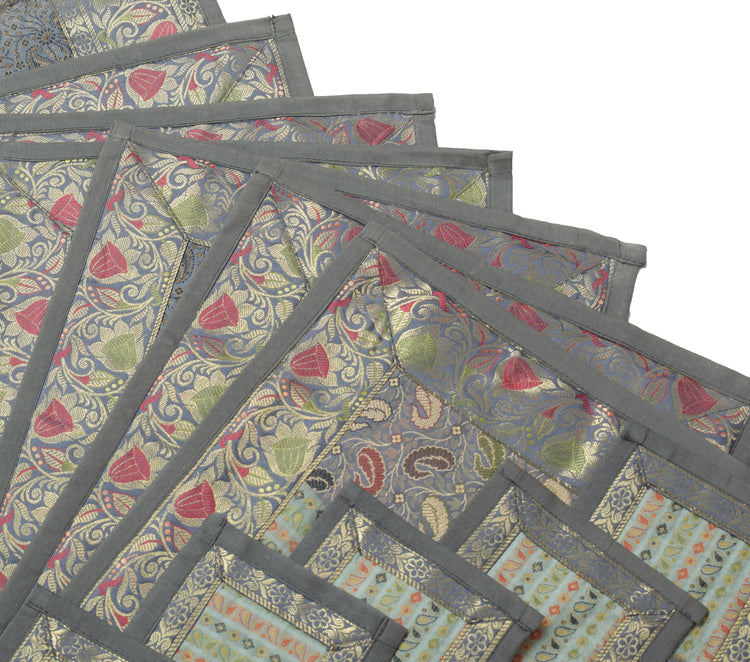 13 PC Gray Dining Table Runner Set Decor Banarasi Silk Brocade Paisley Gift