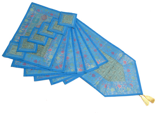 13 PC Green Dining Table Runner Set Decor Banarasi Silk Brocade Paisley Gift