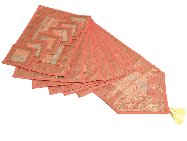 13 PC Peach Dining Table Runner Set Decor Banarasi Silk Brocade Paisley Gift