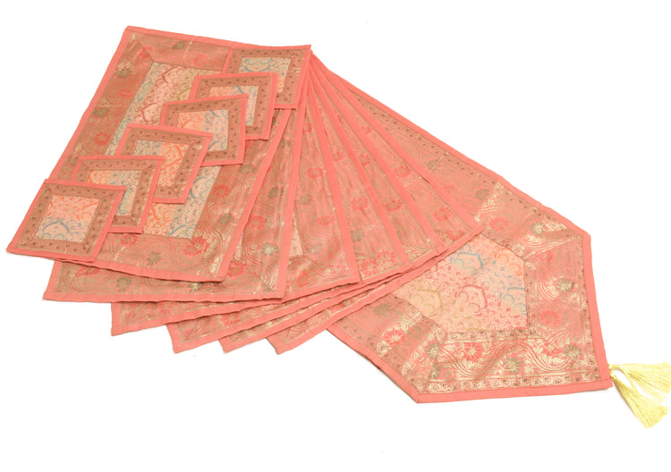 13 PC Peach Dining Table Runner Set Decor Banarasi Silk Brocade Paisley Gift