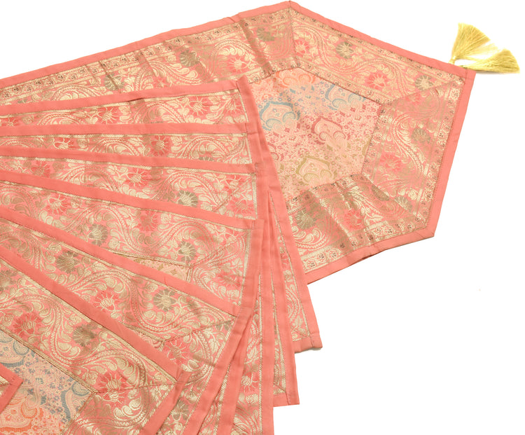 13 PC Peach Dining Table Runner Set Decor Banarasi Silk Brocade Paisley Gift