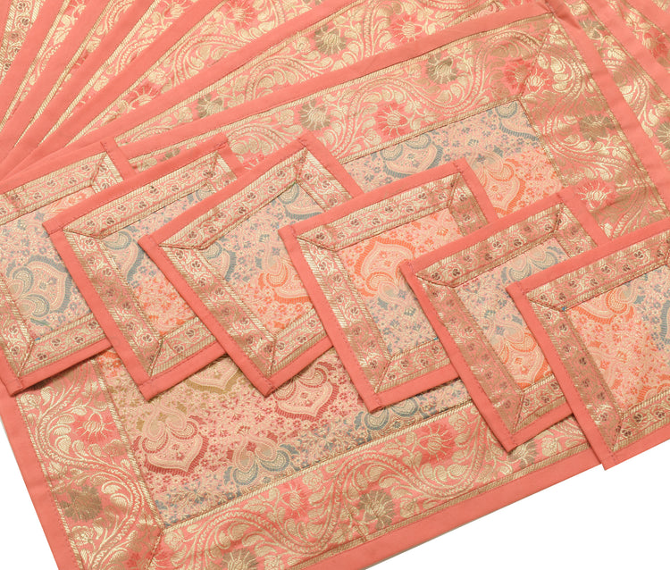 13 PC Peach Dining Table Runner Set Decor Banarasi Silk Brocade Paisley Gift