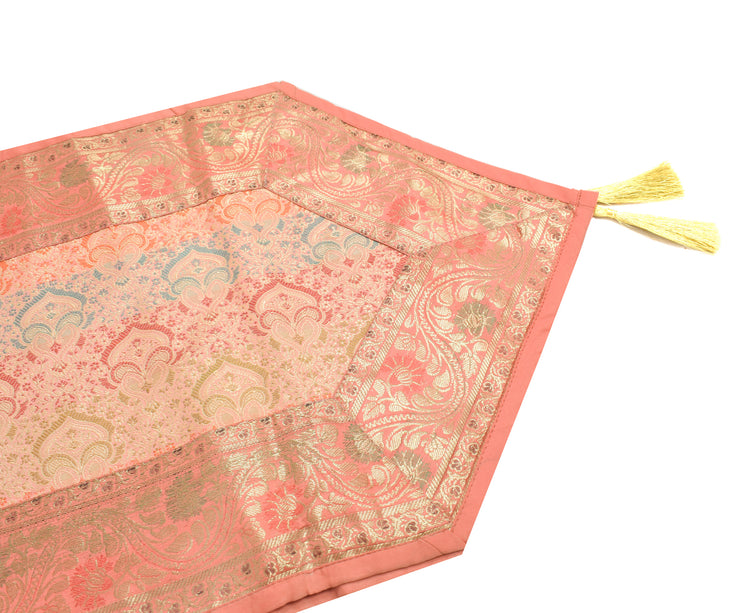 13 PC Peach Dining Table Runner Set Decor Banarasi Silk Brocade Paisley Gift