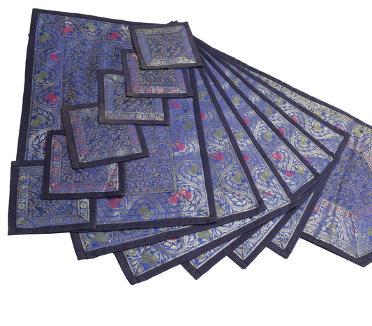 13 PC Aqua Blue Table Runner Set Decor Banarasi Silk Brocade Paisley Gift