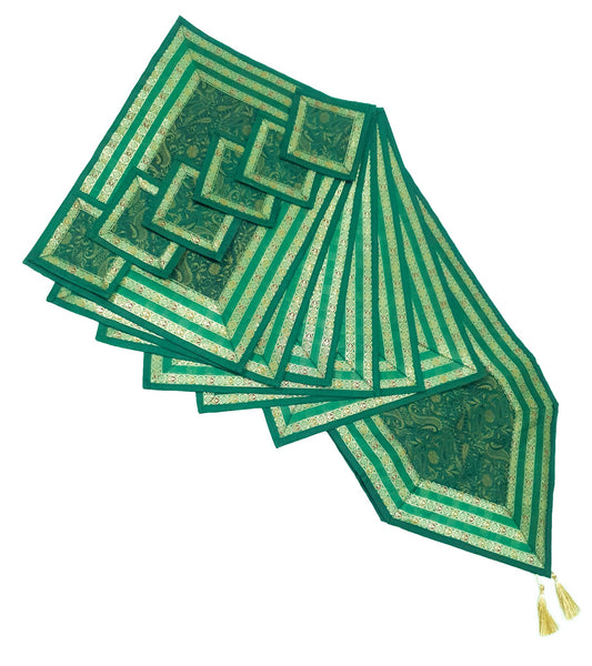 13PC Table Runner Dark Green Banarasi Silk Brocade Paisley Indian Decor Gift