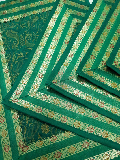 13PC Table Runner Dark Green Banarasi Silk Brocade Paisley Indian Decor Gift