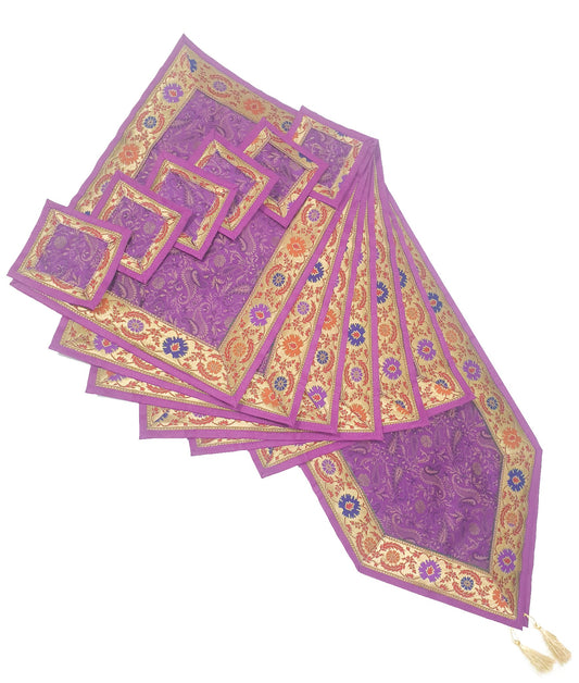 13 PC Purple Table Runner Dining Decor Gift Indian Banarasi Silk Brocade Paisley