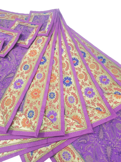 13 PC Purple Table Runner Dining Decor Gift Indian Banarasi Silk Brocade Paisley