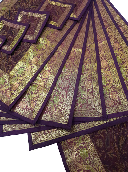 13 PC Wine Table Runner Dining Indian Banarasi Silk Brocade Paisley Decor Cloth