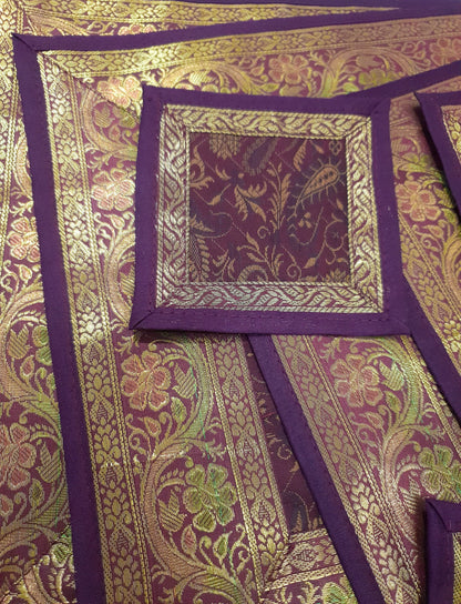 13 PC Wine Table Runner Dining Indian Banarasi Silk Brocade Paisley Decor Cloth