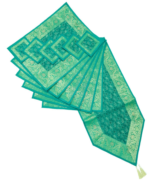 13 PC Table Runner Teal Green Indian Banarasi Silk Brocade Paisley Dining Decor