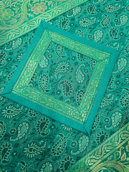 13 PC Table Runner Teal Green Indian Banarasi Silk Brocade Paisley Dining Decor