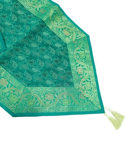 13 PC Table Runner Teal Green Indian Banarasi Silk Brocade Paisley Dining Decor