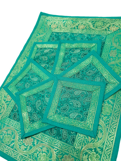 13 PC Table Runner Teal Green Indian Banarasi Silk Brocade Paisley Dining Decor