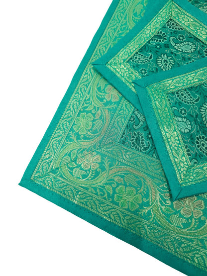 13 PC Table Runner Teal Green Indian Banarasi Silk Brocade Paisley Dining Decor