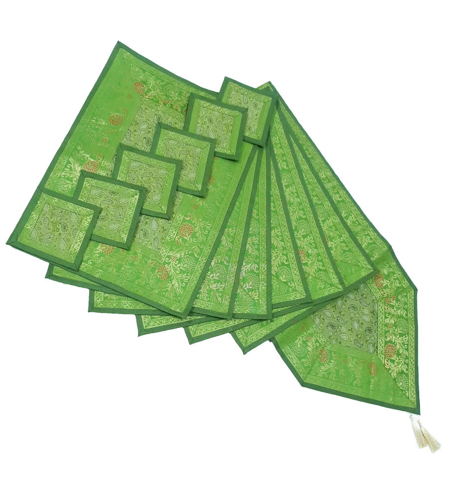 13 PC Indian Green Table Runner Dining Decor  Banarasi Silk Brocade Paisley Gift