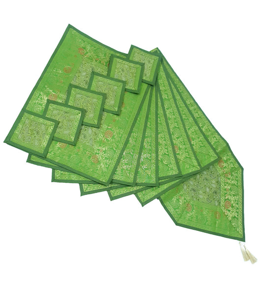 13 PC Indian Green Table Runner Dining Decor  Banarasi Silk Brocade Paisley Gift