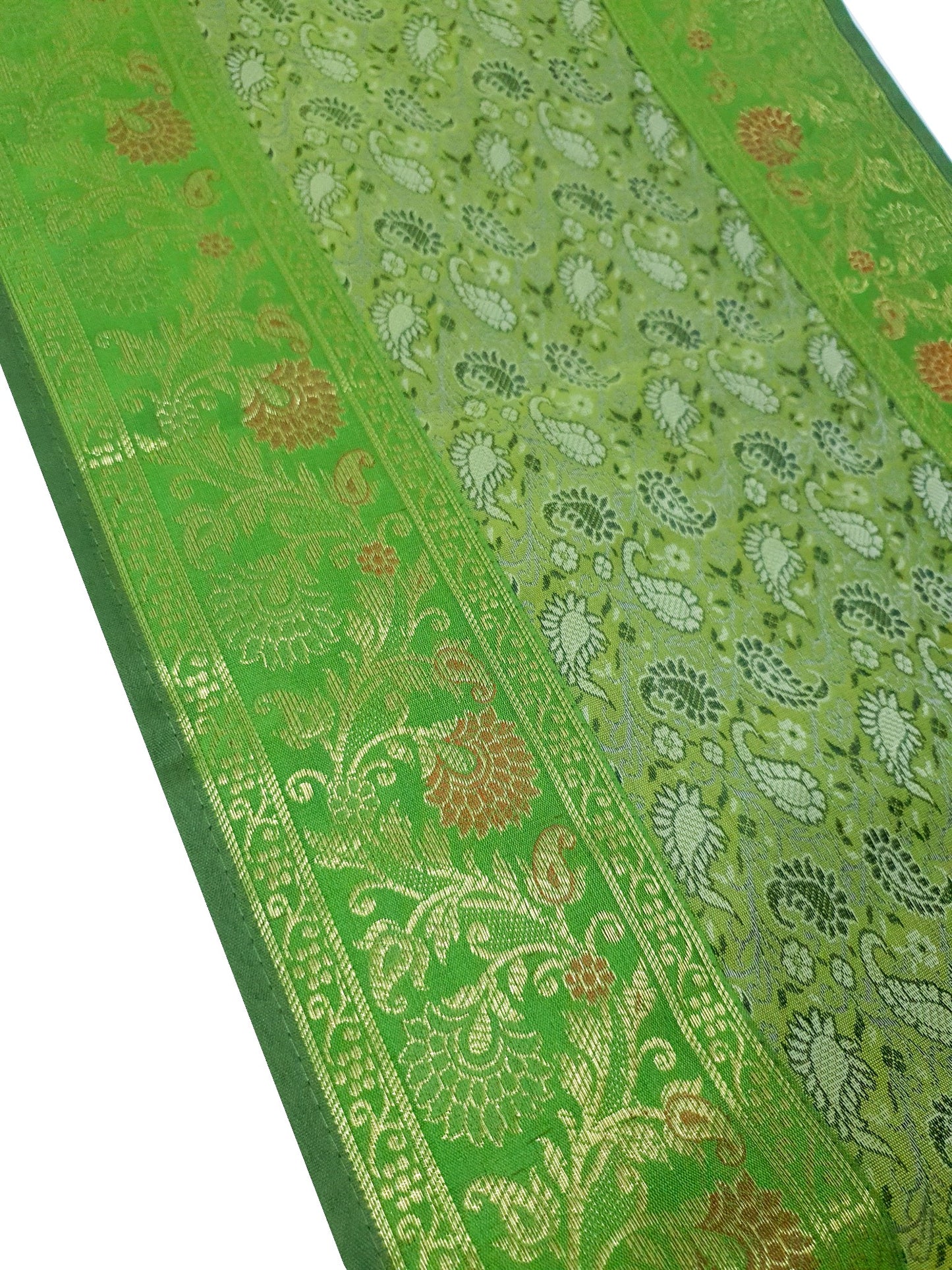 13 PC Indian Green Table Runner Dining Decor  Banarasi Silk Brocade Paisley Gift