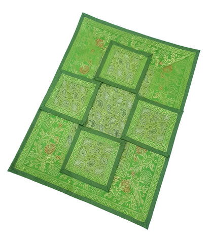 13 PC Indian Green Table Runner Dining Decor  Banarasi Silk Brocade Paisley Gift