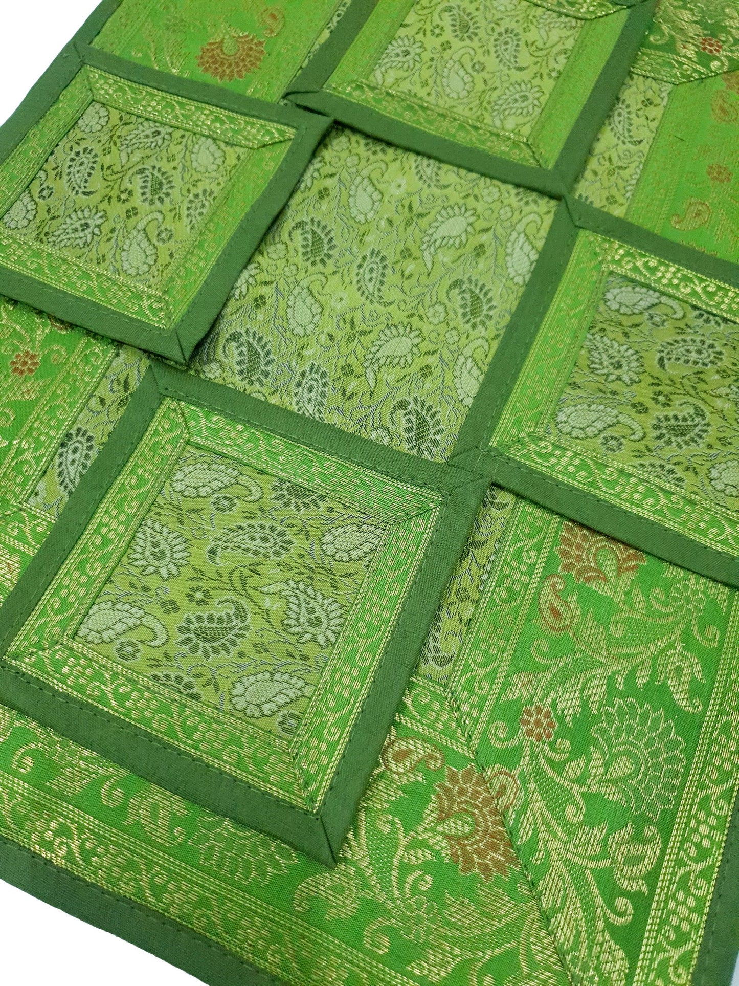 13 PC Indian Green Table Runner Dining Decor  Banarasi Silk Brocade Paisley Gift