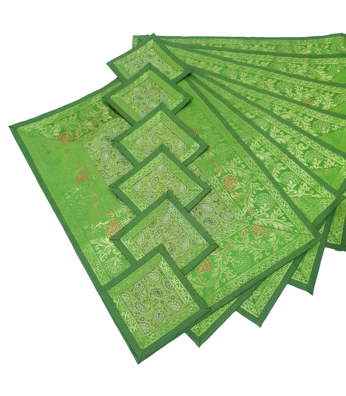 13 PC Indian Green Table Runner Dining Decor  Banarasi Silk Brocade Paisley Gift