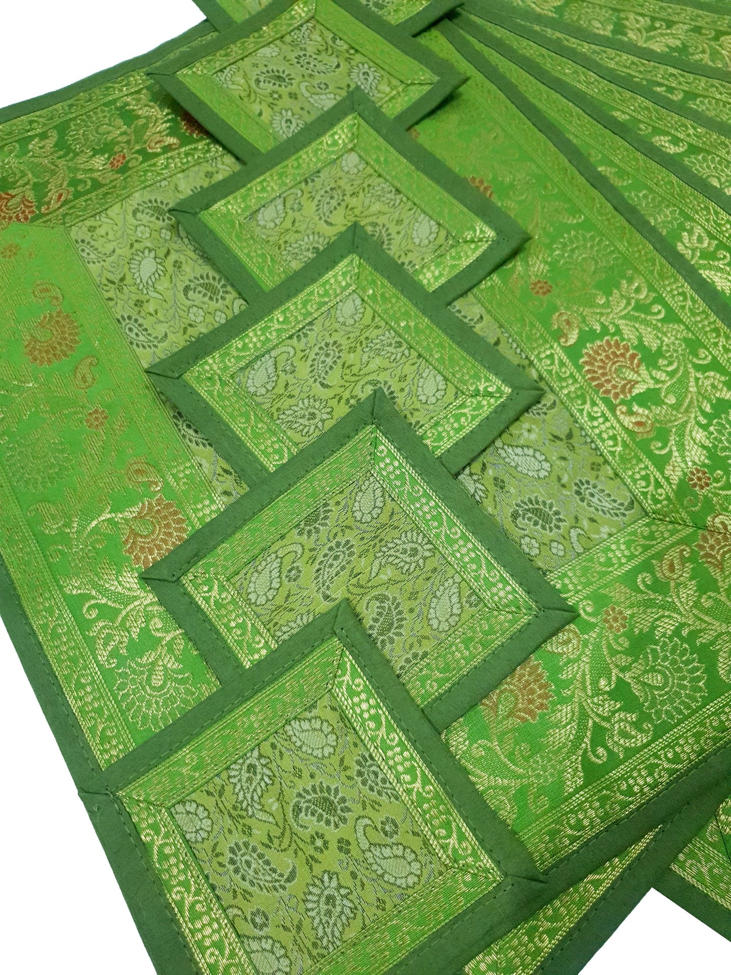 13 PC Indian Green Table Runner Dining Decor  Banarasi Silk Brocade Paisley Gift