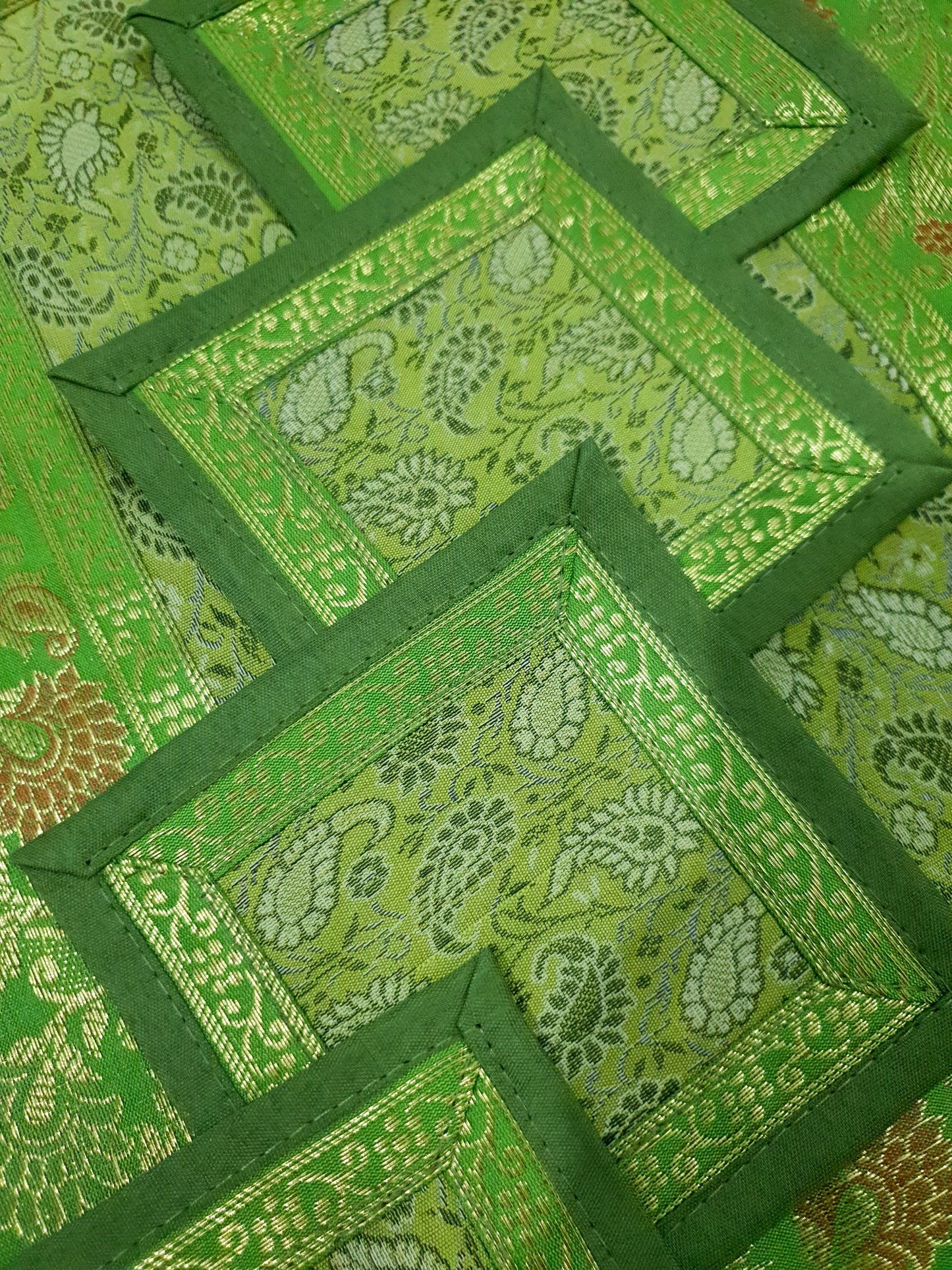 13 PC Indian Green Table Runner Dining Decor  Banarasi Silk Brocade Paisley Gift