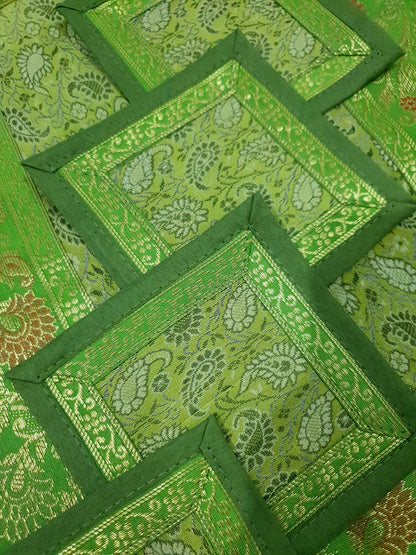 13 PC Indian Green Table Runner Dining Decor  Banarasi Silk Brocade Paisley Gift