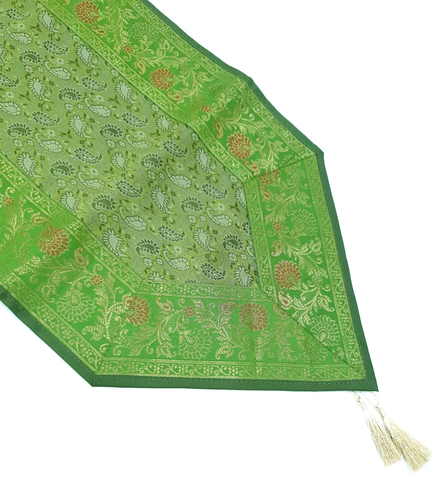 13 PC Indian Green Table Runner Dining Decor  Banarasi Silk Brocade Paisley Gift